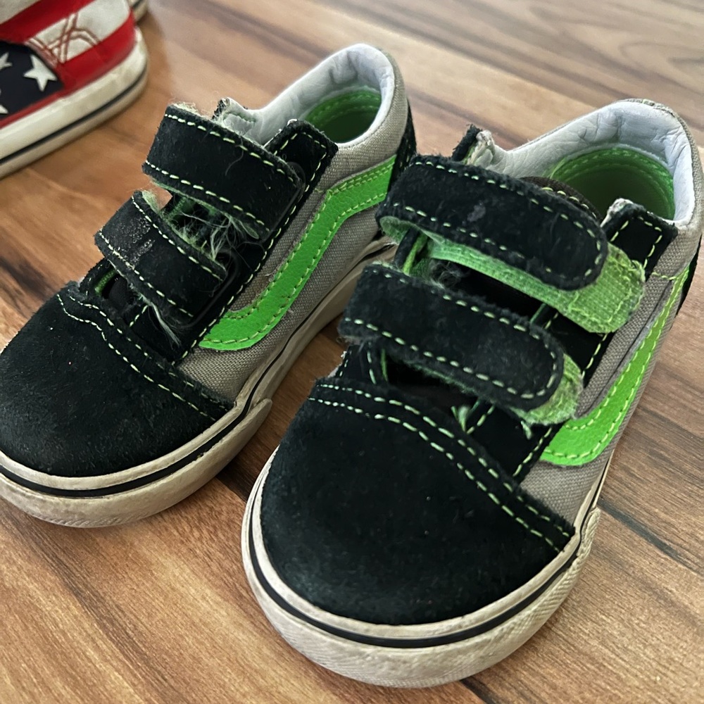 Vans black and neon green Velcro toddler shoes